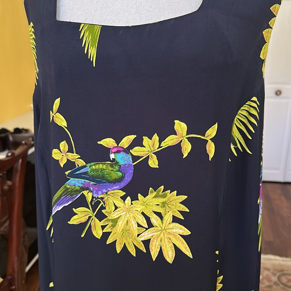 Vintage Midnight Blue Tropical Bird Print Sleeveless Dress Size 18 - Picture 4 of 11